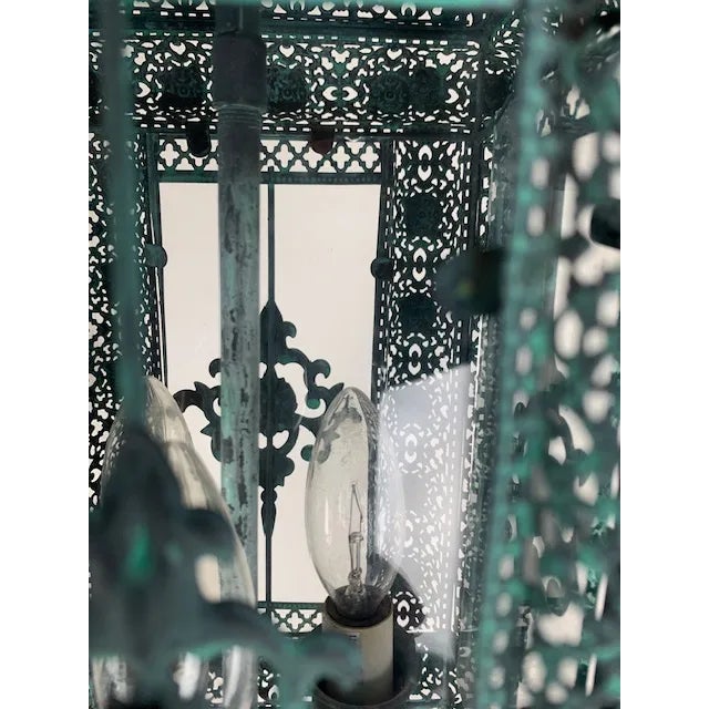 A Pair of Decorative Patina 3 Light Cluster Lanterns With Matching Chain and Canopy, For Sale - Image 9 of 12