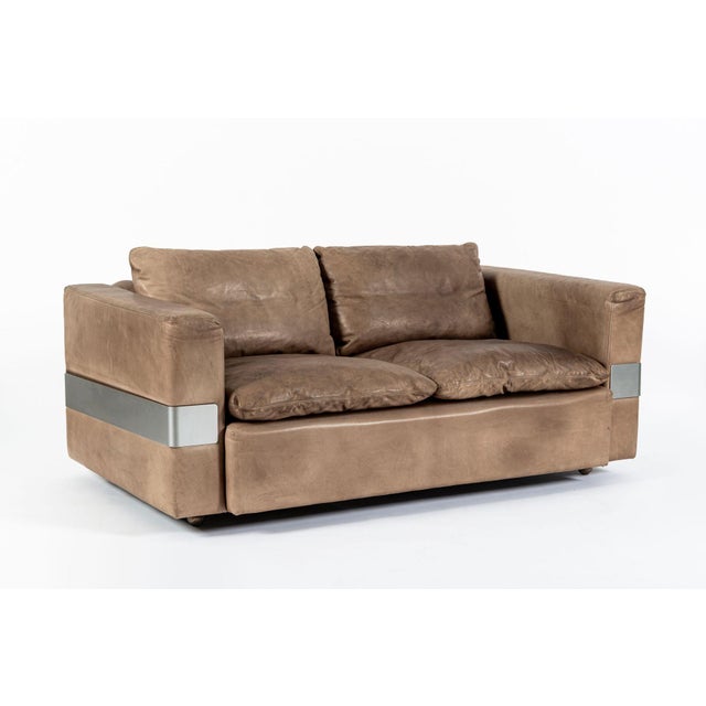 Brown Mid Century German Distressed Brown Leather Sofa Style of Robert Haussmann For Sale - Image 8 of 14