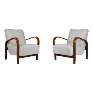 Set of Bentwood and Bouclé Armchairs by Karel Koželka & Antonín Kropáček, 1940s For Sale