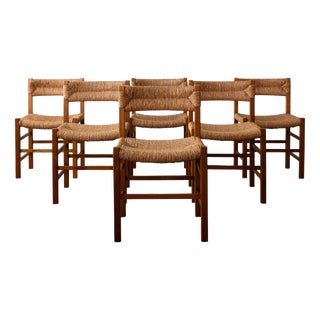French Mid-Century Wood and Rush Dining Chairs, 1960s, Set of 6 For Sale
