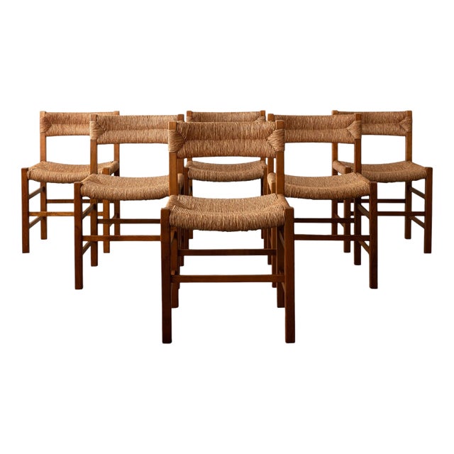 French Mid-Century Wood and Rush Dining Chairs, 1960s, Set of 6 For Sale