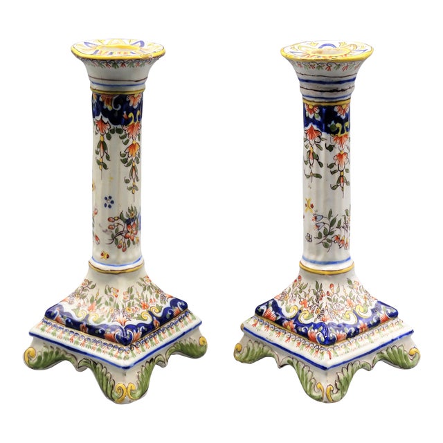 French Faience Candlesticks, Pair Hand Painted Chairish