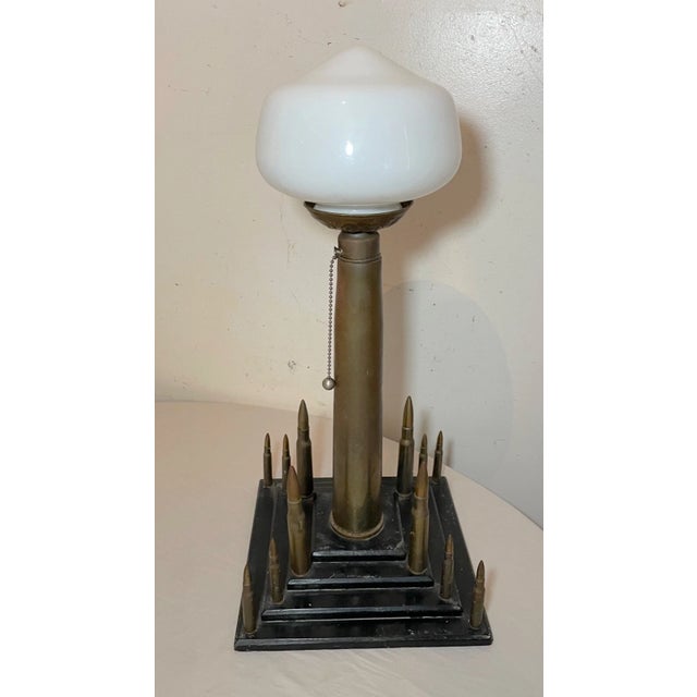 Large Vintage Handmade Military Trench Art Bullet Shell Brass Wood Table Lamp For Sale - Image 9 of 12