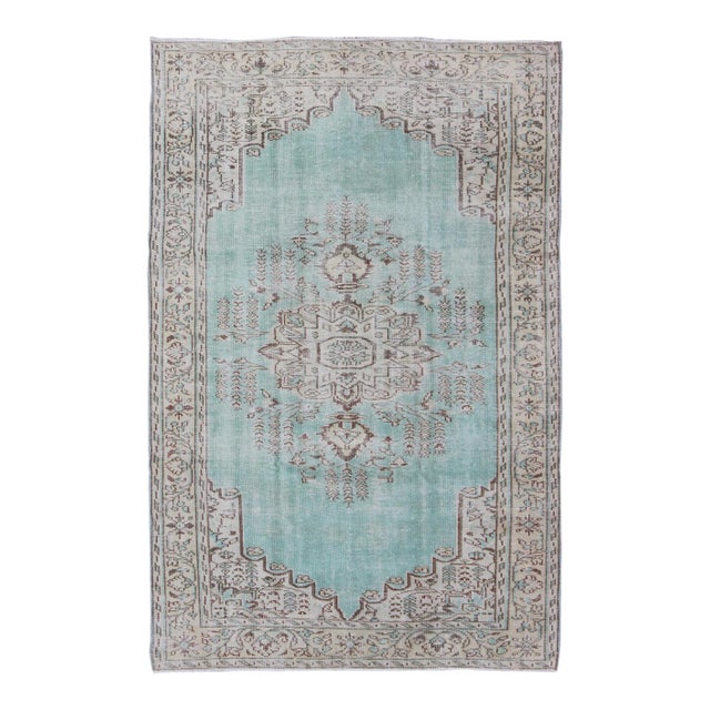 Vintage Oushak Rug With Aqua Color Background and Brown Highlights For Sale