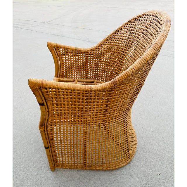 Hollywood Regency Vintage Coastal Woven Rattan Barrel Dinning Chair For Sale - Image 3 of 8