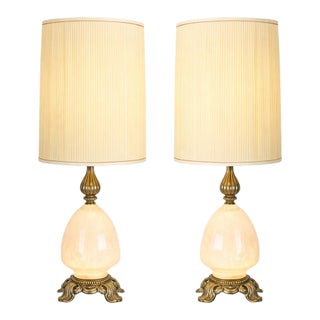 1950s Hollywood Regency Alabaster & Heavy Cast Brass Table Lamps – 35” - a Pair For Sale