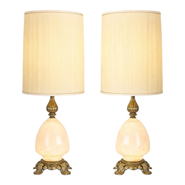 1950s Hollywood Regency Alabaster & Heavy Cast Brass Table Lamps – 35” - a Pair For Sale