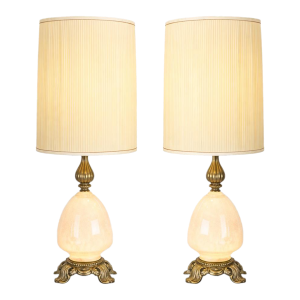 1950s Hollywood Regency Alabaster & Heavy Cast Brass Table Lamps – 35” - a Pair