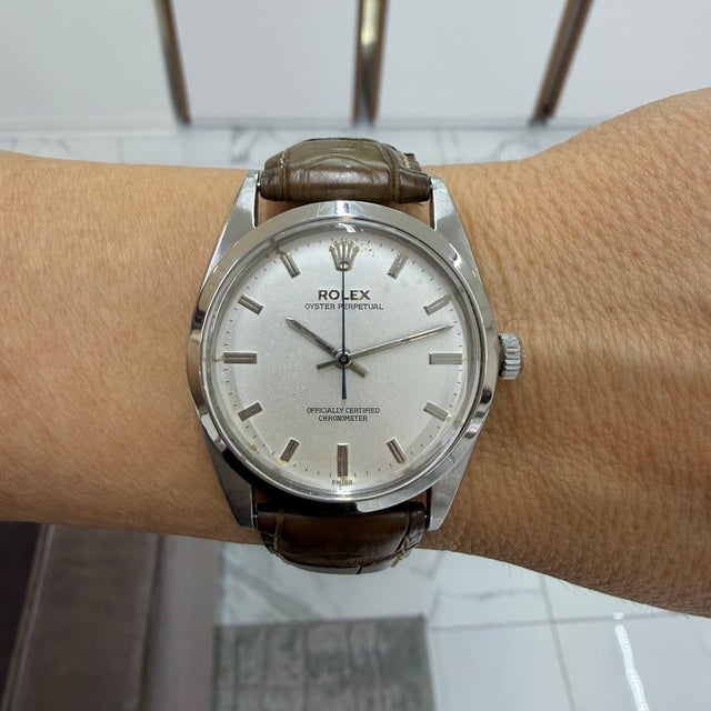 Silver Vintage Rolex Oyster Perpetual 34mm 1002 Silver Dial Stainless Steel Watch For Sale - Image 8 of 8