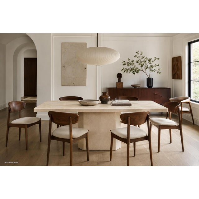 Designed and manufactured in Italy during the 1970s, this Italian modern Botticino marble dining table exemplifies the...