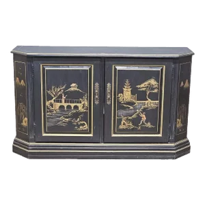 Habersham Black Chinoiserie Painted Hall Cabinet Bench Made Hand Painted