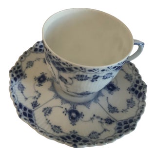 1980s Royal Copenhagen Blue Fluted Half Lace Cup & Saucer 1035 For Sale