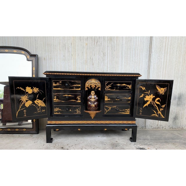 Early 20th Century Early 20th Century Black Lacquer & Hand Painted Open Altar Table or Sideboard with Mirror For Sale - Image 5 of 18