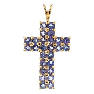 Late 20th-Century 14 Karat Yellow Gold Natural Tanzanite Cross Pendant For Sale