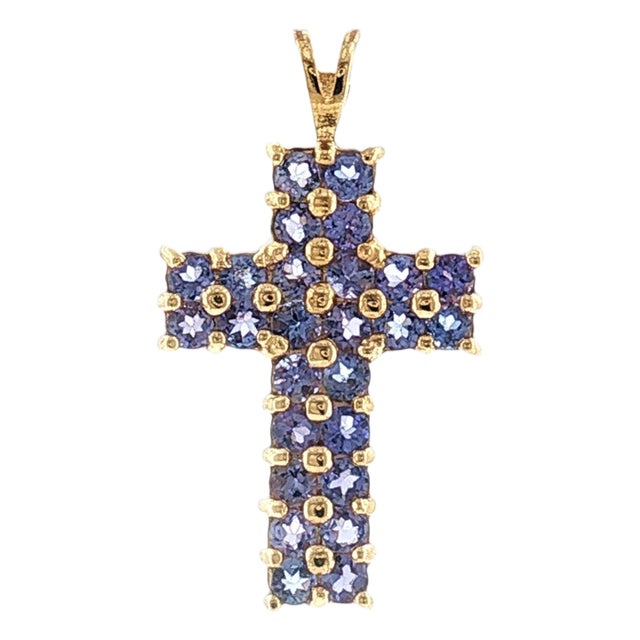 Late 20th-Century 14 Karat Yellow Gold Natural Tanzanite Cross Pendant For Sale
