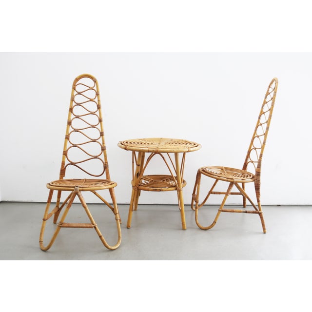 Mid-Century Modern Bamboo Highback Chairs with Side Table, 1960s, Set of 3 For Sale - Image 11 of 11