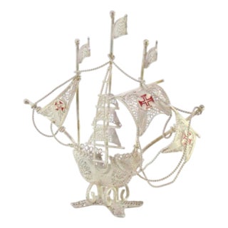 Small Silver Filigree Caravel with Enamelled Crosses For Sale