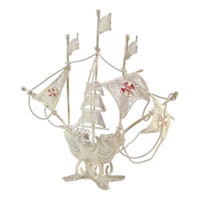 Small Silver Filigree Caravel with Enamelled Crosses For Sale