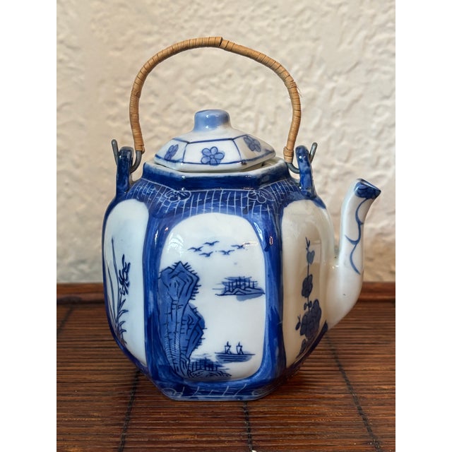 1980s Blue and White Japanese Landscape Porcelain Tea Pot For Sale - Image 4 of 8