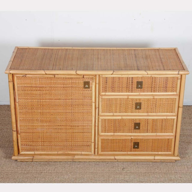 Vintage Chest of Drawers in Wicker, Bamboo and Brass from Dal Vera, 1970s, in Good conditions. Designed 1970 to 1979 I...