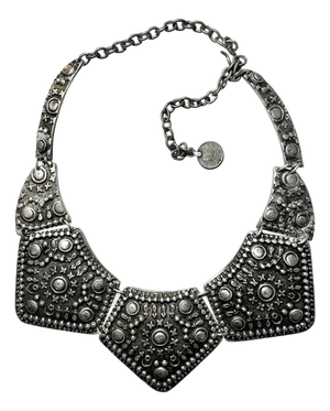 1980s Vintage Ottoman Revival Hammered Silver-Tone Statement Collar Necklace