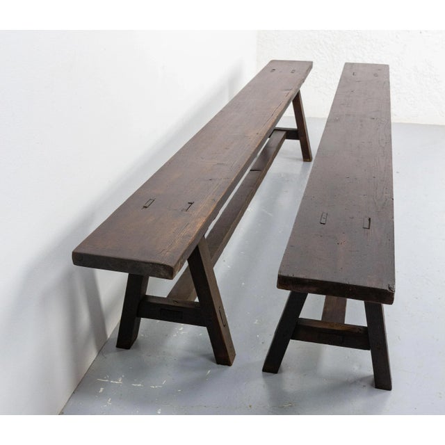 1970s Set of French Antique Style Farmhouse Benches in Solid Pine, 1930s For Sale - Image 5 of 10