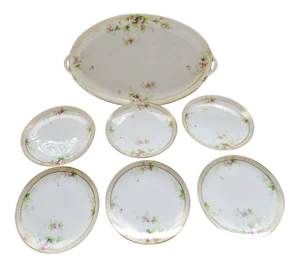 Vintage 1920s Nippon Porcelain Petite Serving Tray W/ Dessert Plates - 7 Piece Set