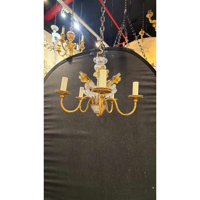 Circa 1930’s French gilt metal chandelier with Murano glass flowers yellow and transparent colors, 5 lights