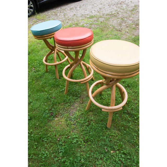 Brown Mid-Century Modern Rattan Swivel Stools - Set of 3 For Sale - Image 8 of 12