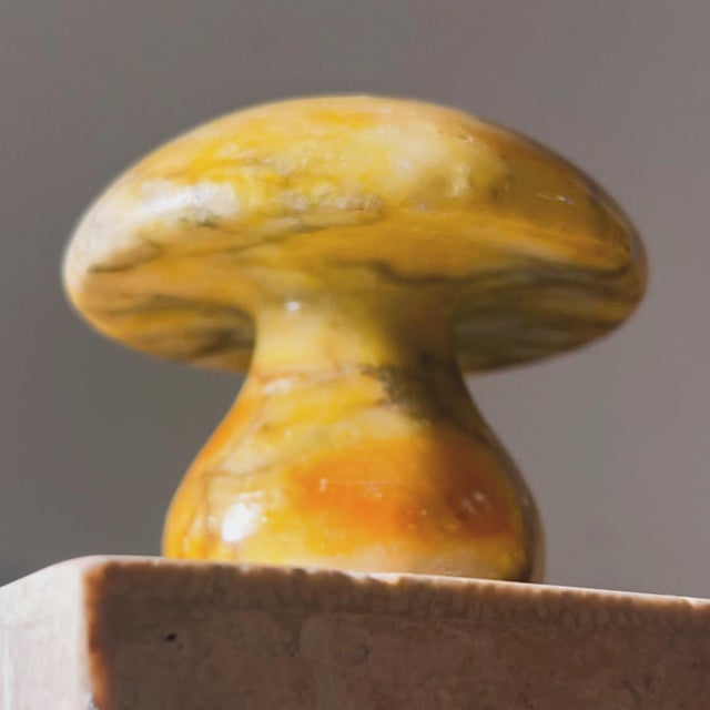 A vintage Italian marble mushroom in buttercup yellow with charcoal veining, 1960s. Fab as paperweight or objet d’art....