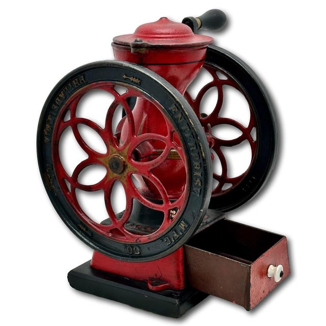 Rare Small 12.75 Inch Tall Antique Enterprise Philladelphia MFG Co. #2 Cast Iron Hand Crank Coffee Grinder in Excellent Original Paint. For Sale - Image 10 of 18