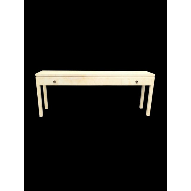 Vintage Extra Long Post Modern Parson Leg Parchment Faux Goat Skin Off White 2 Drawer Console Table by Trouvailles For Sale - Image 10 of 17