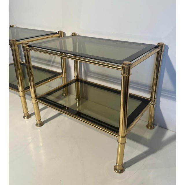 1970s Pair of brass side tables with smoked glass shelves For Sale - Image 4 of 10