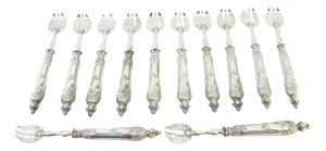 Silver Oyster Forks with Prongs and Raised Handles, Set of 12