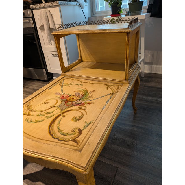 This is a beautiful vintage hand-painted accent/telephone table with a brass gallery rail and elegant cabriole legs. The...