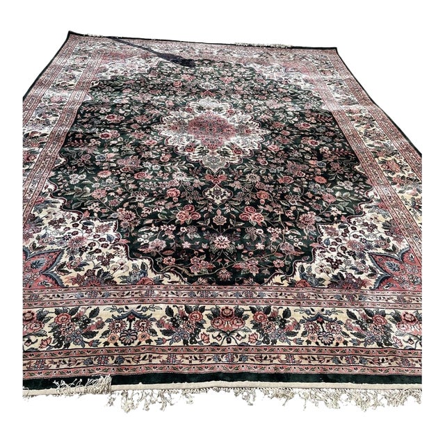 Vintage 1970s Chinese Silk Rug, Floral Medallion, Green Field, 8'10" X 11'11" (247cm X 363cm) For Sale