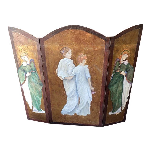Vintage Hand-Painted Double-Sided Room Divider Folding Screen For Sale