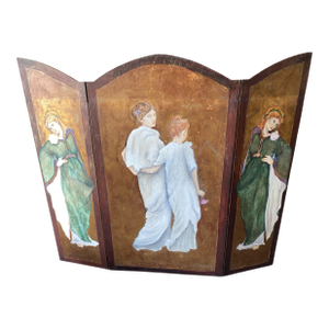 Vintage Hand-Painted Double-Sided Room Divider Folding Screen