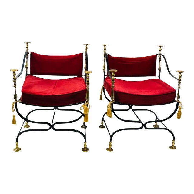 1960s Mid-Century Modern Italian Black Iron & Brass Savonarola Chairs - A Pair For Sale