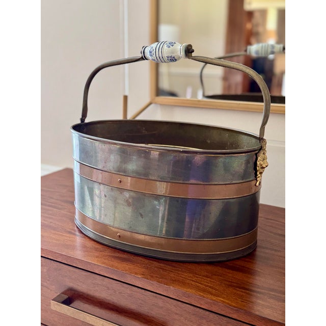 Metal Vintage Dresher Copper and Brass Oval Bucket or Cache Pot With Blue and White Handle For Sale - Image 7 of 9