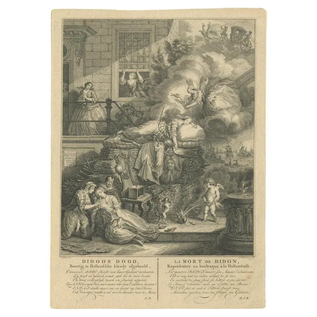 Antique print titled 'Didoos Dood - La Mort de Didon'. Dido's death; the queen lying on a pyre, dressed in peasant...