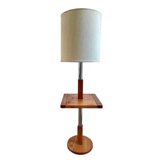 Vintage Mid 20th Century Stiffel Oak and Chrome Floor Lamp With Square Table Top For Sale