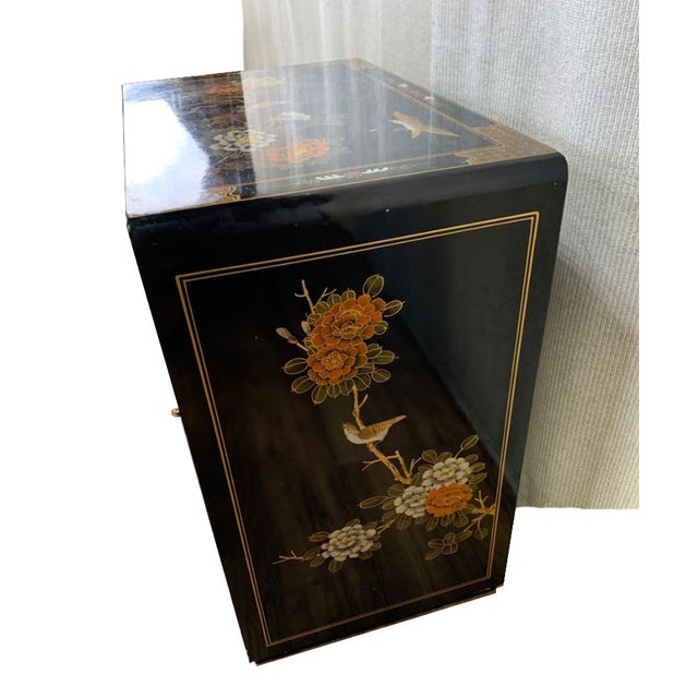 Vintage Chinese Asian Chinoiserie Floral Cabinet ~ Black Lacquered Side Table For Sale - Image 9 of 15