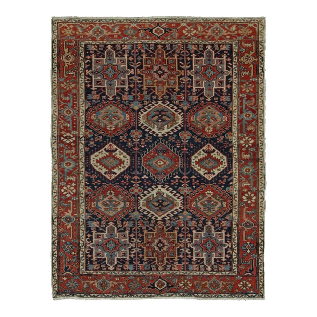 Antique Persian Heriz Karaja Rug, Triple Medallion in Red and Navy - Rug & Kilim For Sale