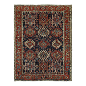 Antique Persian Heriz Karaja Rug, Triple Medallion in Red and Navy - Rug & Kilim