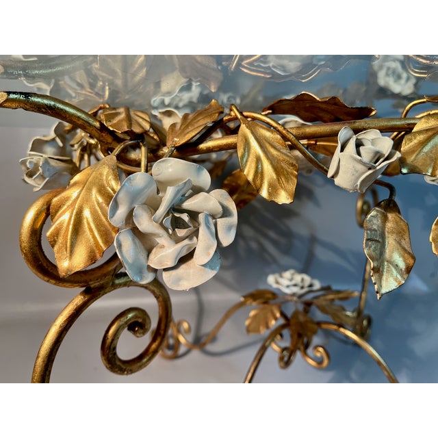 Italian Gilt Table With 24 Tole White Roses & Leaves Glass Top Italian Hollywood Regency For Sale - Image 3 of 9
