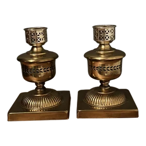Pair of 1950s Pierced Solid Brass Candle Holders