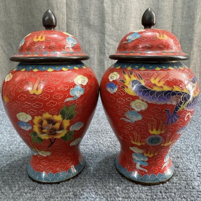 Pair of Vintage Chinese Cloisonné Dragon and Phoenix General Jars, Scarlet Red Cloud Enamel Lidded Chinoiserie Urns For Sale - Image 4 of 5
