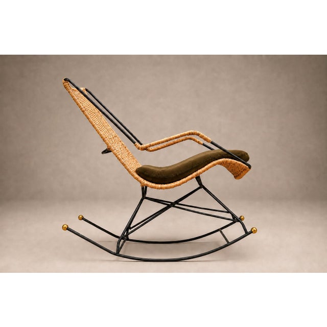 Brazilian Modern Rocking Chair in Metal, Wicker & Green Mohair by Carlo Hauner, 1950s For Sale In New York - Image 6 of 18