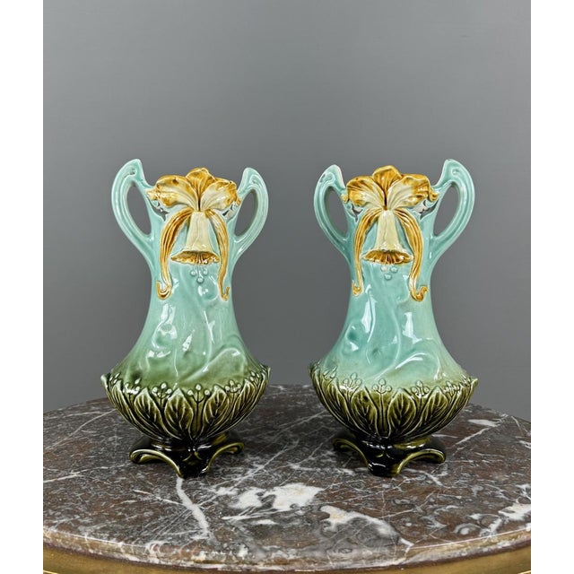 20th Century Art Nouveau Glazed Ceramic Vases with Floral Decoration, Set of 2 For Sale - Image 10 of 10